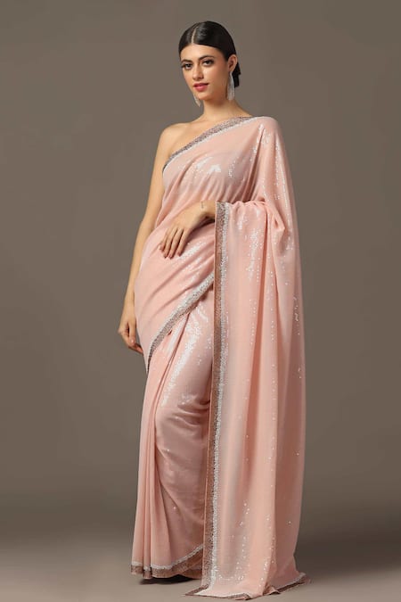 Buy_Two Sisters By Gyans_Peach Georgette Sequins, Stones, Embroidery Saree With Unstitched Blouse Piece _Online_at_Aza_Fashions