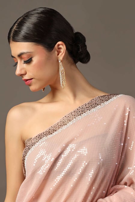 Shop_Two Sisters By Gyans_Peach Georgette Sequins, Stones, Embroidery Saree With Unstitched Blouse Piece _Online_at_Aza_Fashions