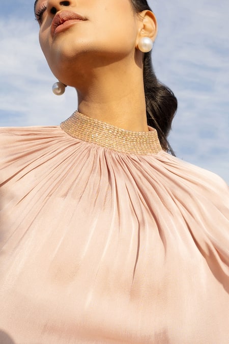 Meher By Islie_Beige Crepe Beads Victorian Embellished Collar Cape With Pant _Online_at_Aza_Fashions