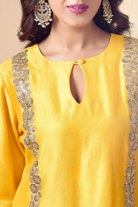 Kalakaari By Sagarika Yellow Chanderi , Organza Embroidery Keyhole Neck Hand Kurta Pant Set Online at Aza Fashions Kalakaari By Sagarika_Yellow Chanderi , Organza Embroidery Keyhole Neck Hand Kurta Pant Set _Online_at_Aza_Fashions