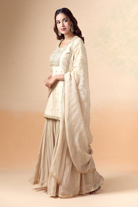 Buy_Kalakaari By Sagarika_Beige Georgette, Chanderi , Organza Gota Patti Kurta Gharara Set _Online_at_Aza_Fashions