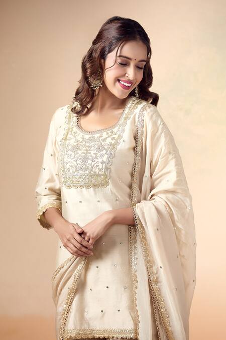 Shop_Kalakaari By Sagarika_Beige Georgette, Chanderi , Organza Gota Patti Kurta Gharara Set _Online_at_Aza_Fashions