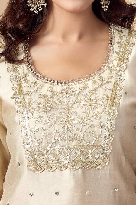 Kalakaari By Sagarika_Beige Georgette, Chanderi , Organza Gota Patti Kurta Gharara Set _at_Aza_Fashions