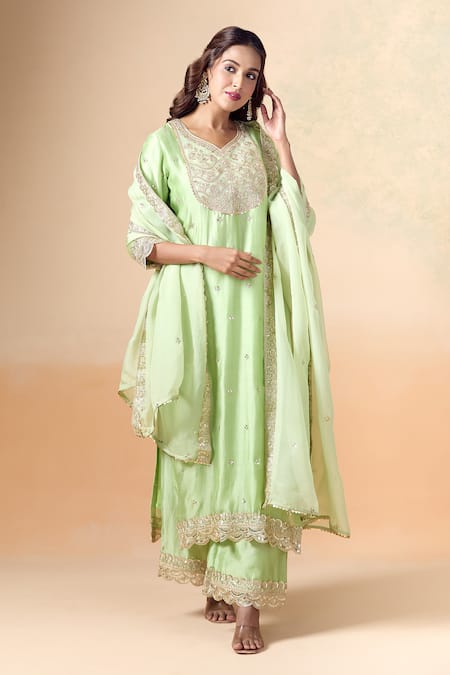 Buy_Kalakaari By Sagarika_Green Chanderi , Organza Embroidery, Gota Hand Yoke Kurta Pant Set _Online_at_Aza_Fashions