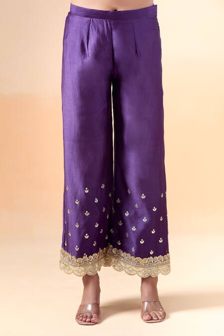 Kalakaari By Sagarika_Purple Chanderi , Organza Embroidery, Hand Placket Kurta Pant Set _Online_at_Aza_Fashions