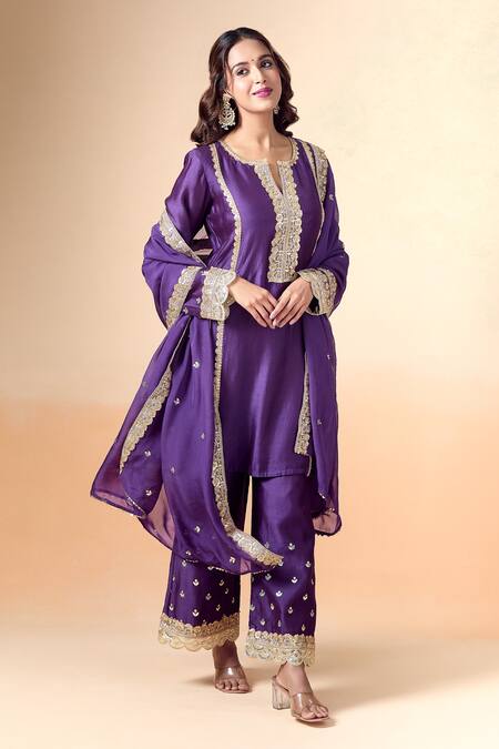Buy_Kalakaari By Sagarika_Purple Chanderi , Organza Embroidery, Hand Placket Kurta Pant Set _Online_at_Aza_Fashions