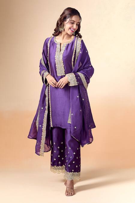 Shop_Kalakaari By Sagarika_Purple Chanderi , Organza Embroidery, Hand Placket Kurta Pant Set _Online_at_Aza_Fashions