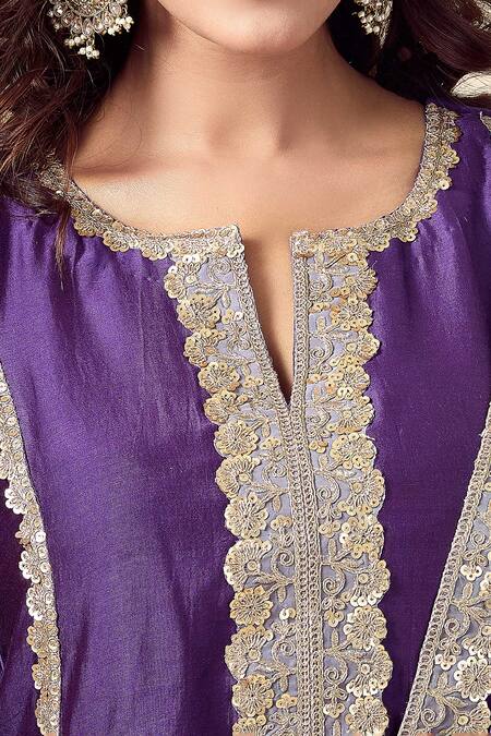 Kalakaari By Sagarika_Purple Chanderi , Organza Embroidery, Hand Placket Kurta Pant Set _at_Aza_Fashions