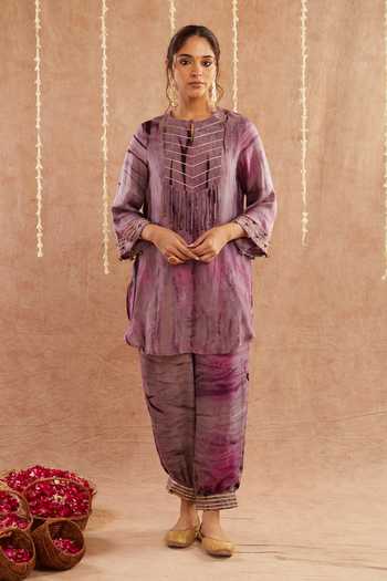 Label Muslin_Purple Organza, Satin, Silk Fringe, Rat Rani Lace Detailed Kurta Set With Potli_Online_at_Aza_Fashions