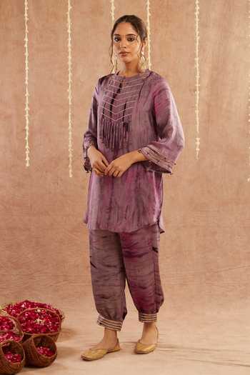 Buy_Label Muslin_Purple Organza, Satin, Silk Fringe, Rat Rani Lace Detailed Kurta Set With Potli_Online_at_Aza_Fashions