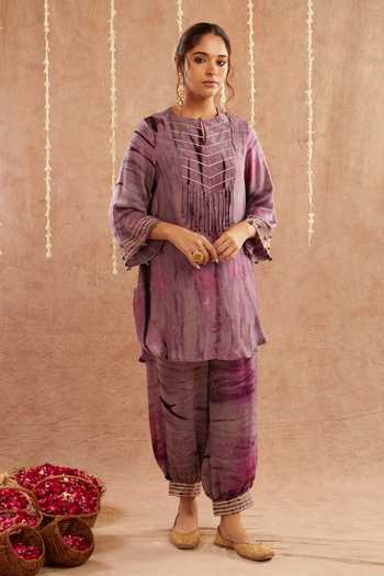 Shop_Label Muslin_Purple Organza, Satin, Silk Fringe, Rat Rani Lace Detailed Kurta Set With Potli_Online_at_Aza_Fashions
