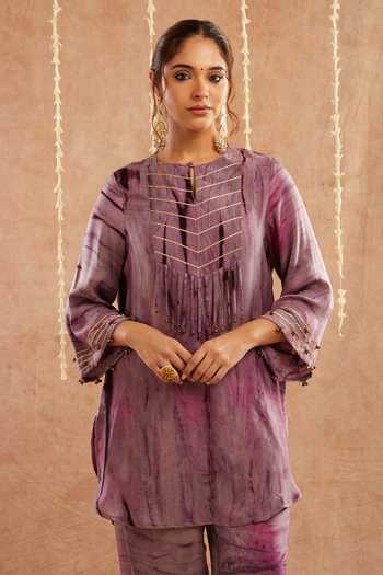 Label Muslin_Purple Organza, Satin, Silk Fringe, Rat Rani Lace Detailed Kurta Set With Potli_at_Aza_Fashions
