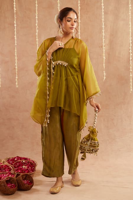 Label Muslin Green Satin Silk Embellished Coin V Neck Detailed Kaftan Set With Potli 