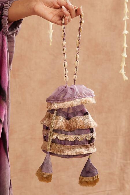 Label Muslin_Purple Organza, Satin, Silk Gota Patti, Zari Detailed Kurta Set With Potli_Online_at_Aza_Fashions