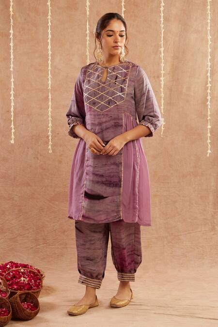 Shop_Label Muslin_Purple Organza, Satin, Silk Gota Patti, Zari Detailed Kurta Set With Potli_Online_at_Aza_Fashions