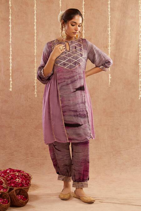 Label Muslin_Purple Organza, Satin, Silk Gota Patti, Zari Detailed Kurta Set With Potli_at_Aza_Fashions