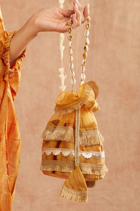 Label Muslin_Yellow Organza, Satin, Silk Gota Patti Keyhole Kesar Noor Kurta Set With Potli_Online_at_Aza_Fashions