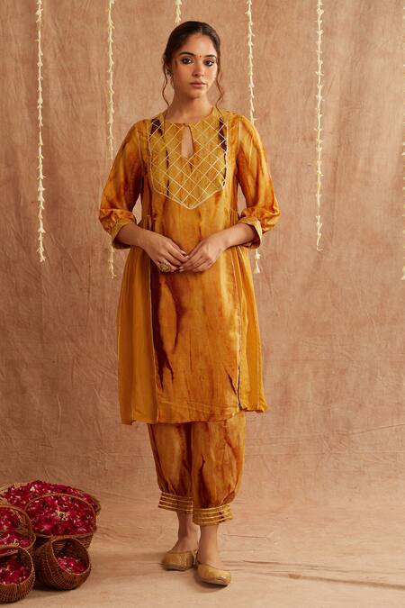 Shop_Label Muslin_Yellow Organza, Satin, Silk Gota Patti Keyhole Kesar Noor Kurta Set With Potli_Online_at_Aza_Fashions
