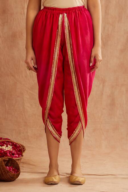 Label Muslin_Fuchsia Organza, Satin, Roshan Gulab Embellished Shaded Kaftan Tulip Pant Set_Online_at_Aza_Fashions