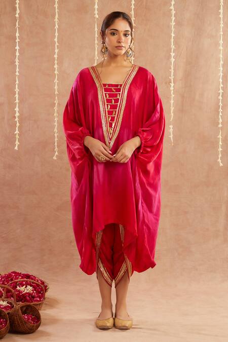 Buy_Label Muslin_Fuchsia Organza, Satin, Roshan Gulab Embellished Shaded Kaftan Tulip Pant Set_Online_at_Aza_Fashions