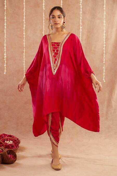 Shop_Label Muslin_Fuchsia Organza, Satin, Roshan Gulab Embellished Shaded Kaftan Tulip Pant Set_Online_at_Aza_Fashions