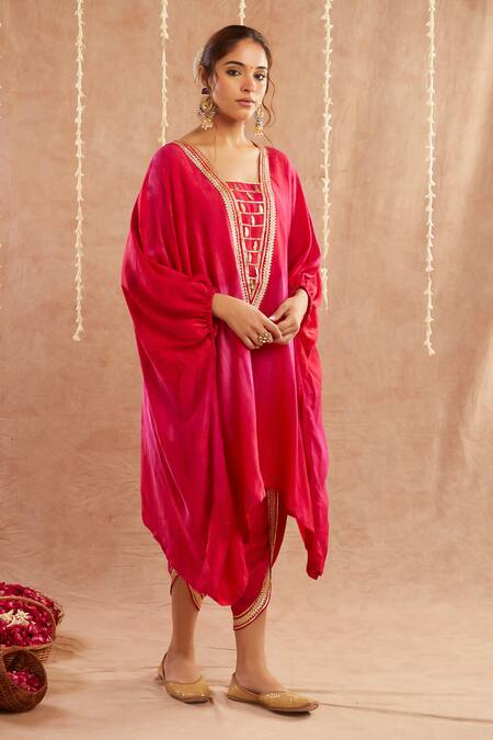 Label Muslin_Fuchsia Organza, Satin, Roshan Gulab Embellished Shaded Kaftan Tulip Pant Set_at_Aza_Fashions