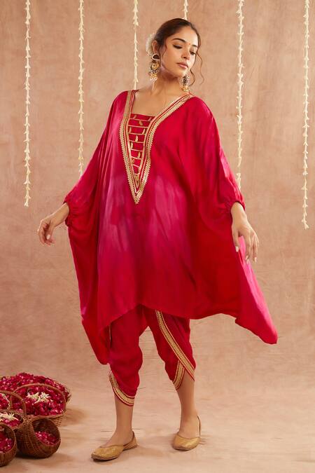 Buy_Label Muslin_Fuchsia Organza, Satin, Roshan Gulab Embellished Shaded Kaftan Tulip Pant Set
