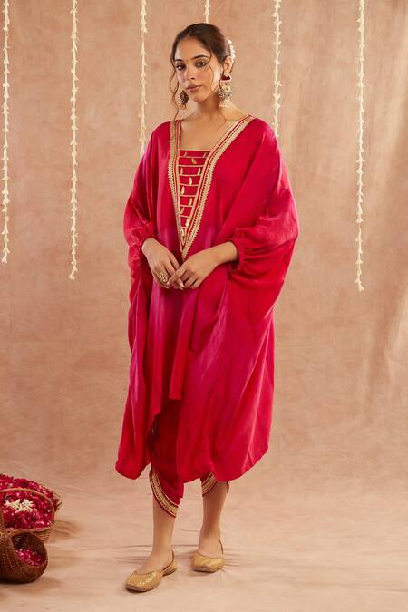 Shop_Label Muslin_Fuchsia Organza, Satin, Roshan Gulab Embellished Shaded Kaftan Tulip Pant Set