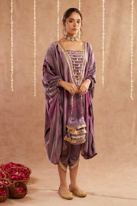 Label Muslin Purple Satin Silk Embellished Gota Lace Jalwa Shaded Kaftan Tulip Pant Set 