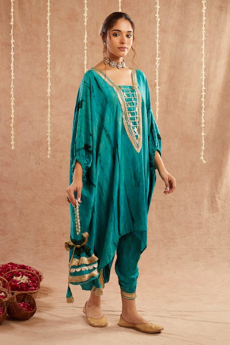 Label Muslin Blue Satin Silk Embellished Gota Lace Square Jashn Tassel Kaftan Tulip Pant Set 