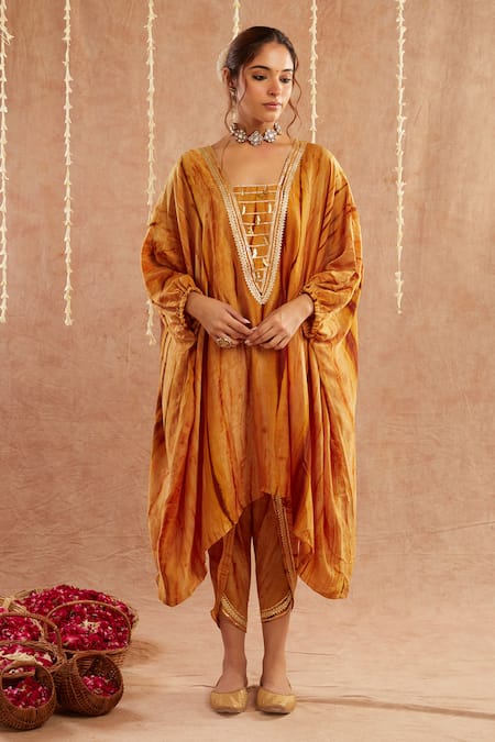 Label Muslin Yellow Satin Silk Embellished Gota Lace Genda Asymmetric Kaftan Tulip Pant Set 