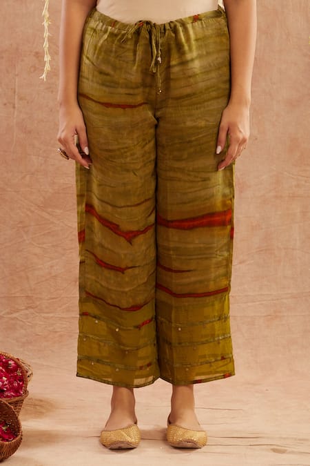 Label Muslin_Green Organza, Satin Gota Patti, Mahtab Coin Embellished Gathered Kurta Pant Set_Online_at_Aza_Fashions