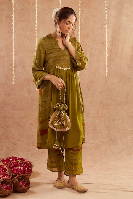 Shop_Label Muslin_Green Organza, Satin Gota Patti, Mahtab Coin Embellished Gathered Kurta Pant Set_Online_at_Aza_Fashions