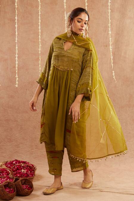Label Muslin_Green Organza, Satin Gota Patti, Mahtab Coin Embellished Gathered Kurta Pant Set_at_Aza_Fashions