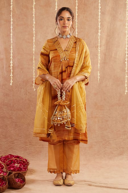 Label Muslin Yellow Satin Silk Embellished Gota Lace V-neck Sahab Striped Kurta Pant Set 