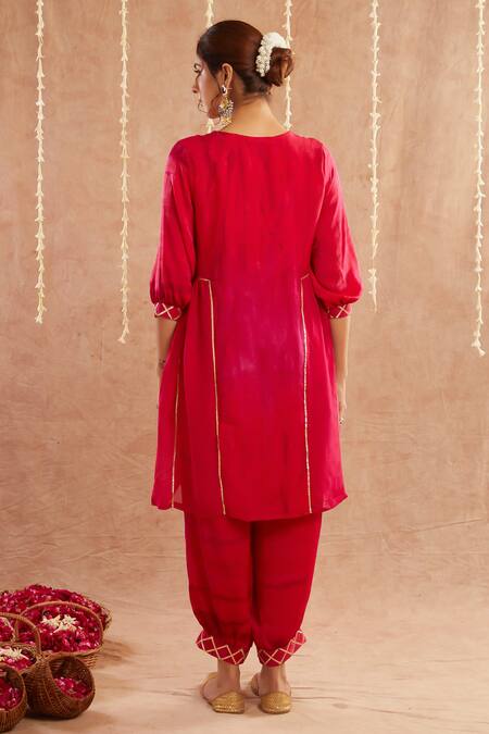 Shop Label Muslin Fuchsia Organza, Satin Gota Noor-e-gul Lace Embellished Kurta Harem Pant Set at Aza Fashions Shop_Label Muslin_Fuchsia Organza, Satin Gota Noor-e-gul Lace Embellished Kurta Harem Pant Set_at_Aza_Fashions