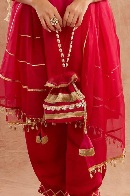 Label Muslin Fuchsia Organza, Satin Gota Noor-e-gul Lace Embellished Kurta Harem Pant Set at Aza Fashions Label Muslin_Fuchsia Organza, Satin Gota Noor-e-gul Lace Embellished Kurta Harem Pant Set_at_Aza_Fashions