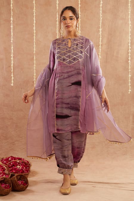 Label Muslin Purple Satin Silk Embellished Gota Lace Jalwa Striped Kurta Harem Pant Set 