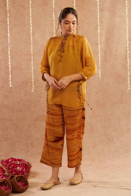 Shop_Label Muslin_Yellow Organza, Satin, Georgette Mandarin Embellished Short Tunic Top With Pant_Online_at_Aza_Fashions
