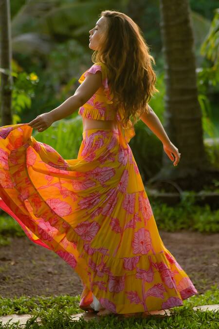 Shop_Rriso_Yellow Cotton Silk Muslin Printed Floral Square Neck Top And Skirt Set_at_Aza_Fashions