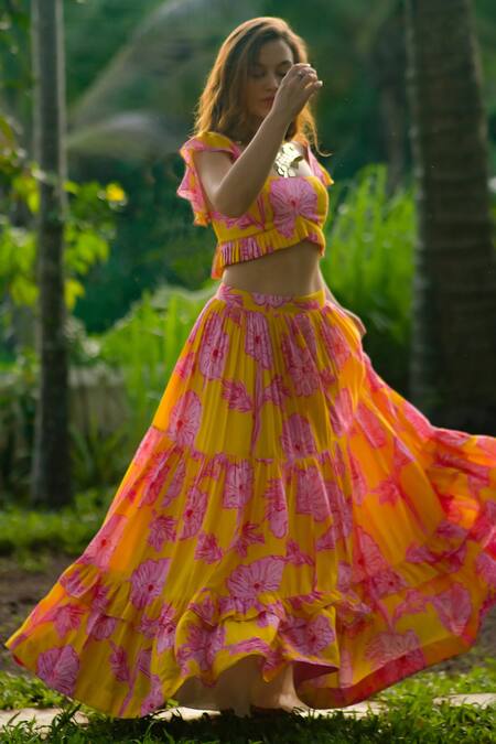 Rriso_Yellow Cotton Silk Muslin Printed Floral Square Neck Top And Skirt Set_Online_at_Aza_Fashions
