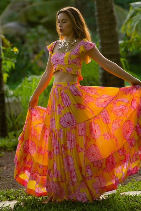 Shop_Rriso_Yellow Cotton Silk Muslin Printed Floral Square Neck Top And Skirt Set_Online_at_Aza_Fashions