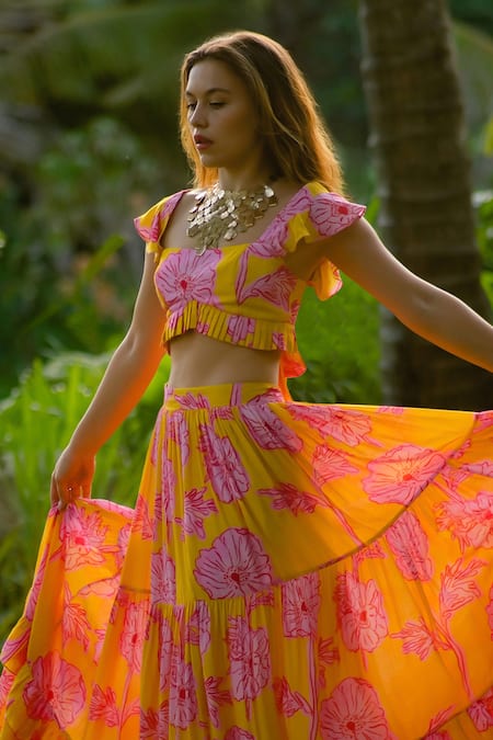 Rriso_Yellow Cotton Silk Muslin Printed Floral Square Neck Top And Skirt Set_at_Aza_Fashions