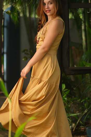Rriso_Gold Cotton Satin Plain Scoop Neck Dress_Online_at_Aza_Fashions