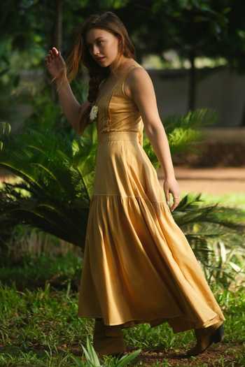 Buy_Rriso_Gold Cotton Satin Plain Scoop Neck Dress_Online_at_Aza_Fashions