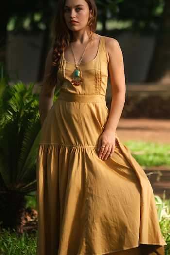 Shop_Rriso_Gold Cotton Satin Plain Scoop Neck Dress_Online_at_Aza_Fashions