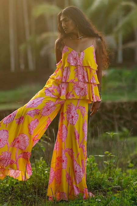 Rriso Yellow Cotton Silk Muslin Printed Floral Sweetheart Ruffle Top And Flared Pant Set 