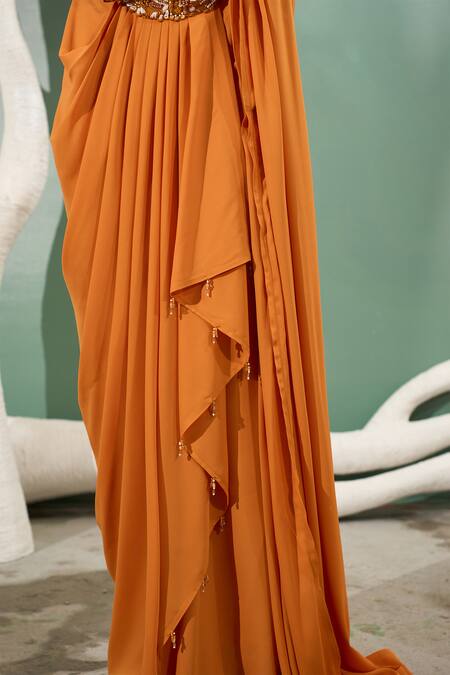 One Knot One By Ashna Yellow Georgette, Silk Satin Beads, Beaded Edge Embellished Pre Draped Saree Set at Aza Fashions One Knot One By Ashna_Yellow Georgette, Silk Satin Beads, Beaded Edge Embellished Pre Draped Saree Set _at_Aza_Fashions