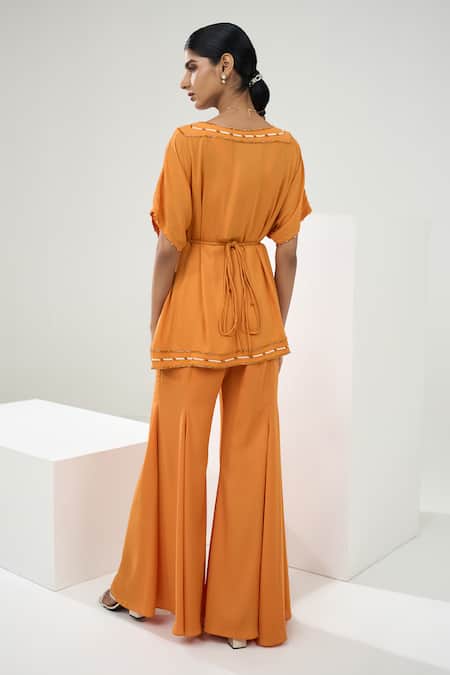 One Knot One By Ashna Yellow Georgette Cut Work, Marigold Bloom Embroidered Tunic Flared Pant Set Online at Aza Fashions One Knot One By Ashna_Yellow Georgette Cut Work, Marigold Bloom Embroidered Tunic Flared Pant Set _Online_at_Aza_Fashions