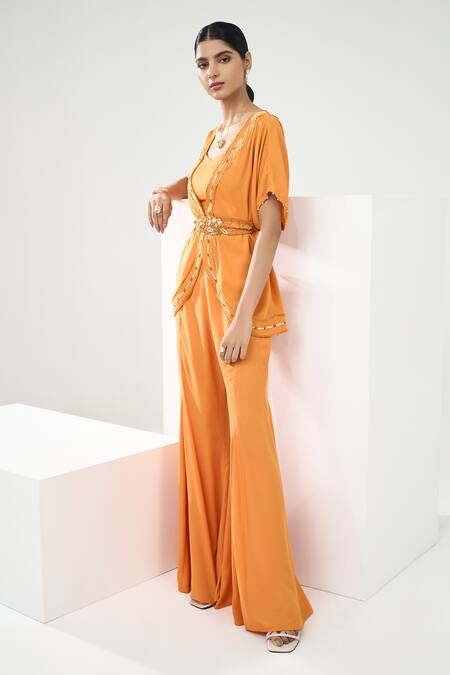 Buy One Knot One By Ashna Yellow Georgette Cut Work, Marigold Bloom Embroidered Tunic Flared Pant Set Online at Aza Fashions Buy_One Knot One By Ashna_Yellow Georgette Cut Work, Marigold Bloom Embroidered Tunic Flared Pant Set _Online_at_Aza_Fashions